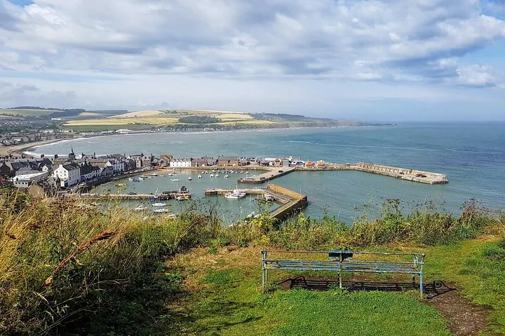 Panoramic view of a coastal town and harbor from a grassy hillside